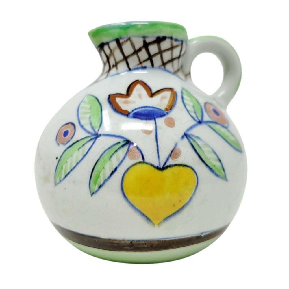 Gouda Pottery Small Pitcher Creamer Royal Goedewaager Hollard Boy Fishing Flower